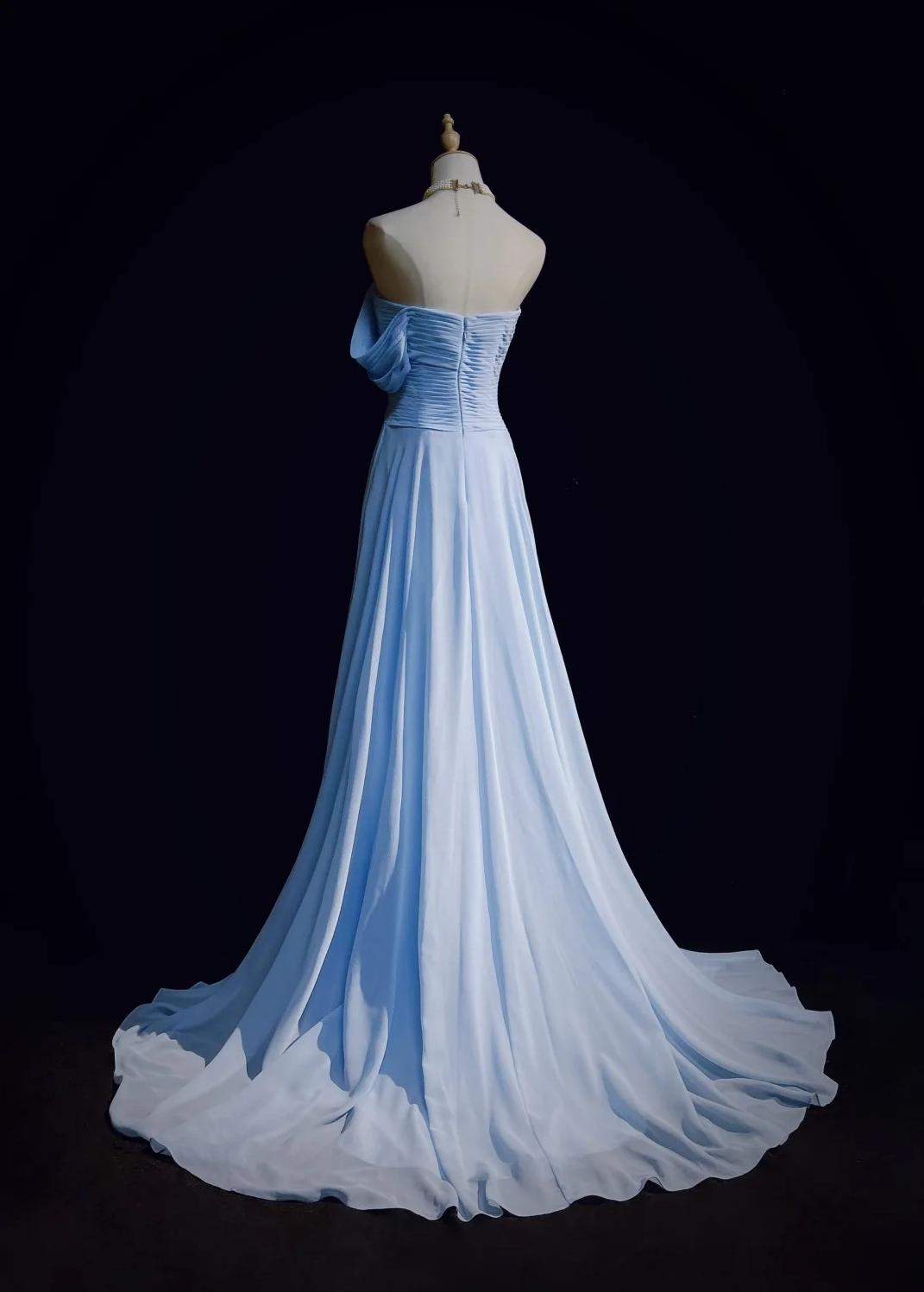 Gorgeous Blue A-line Chiffon Pleated One Shoulder Slit Long Evening Gown Ball Gown Wedding Dress