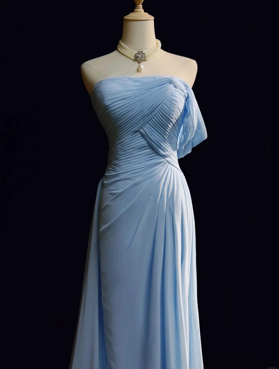 Gorgeous Blue A-line Chiffon Pleated One Shoulder Slit Long Evening Gown Ball Gown Wedding Dress
