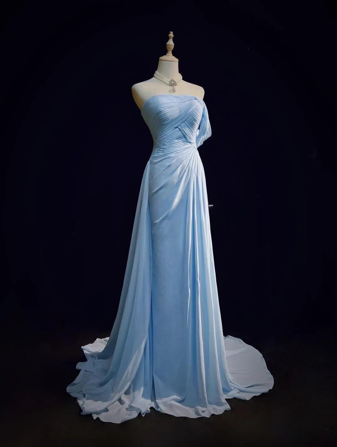 Gorgeous Blue A-line Chiffon Pleated One Shoulder Slit Long Evening Gown Ball Gown Wedding Dress