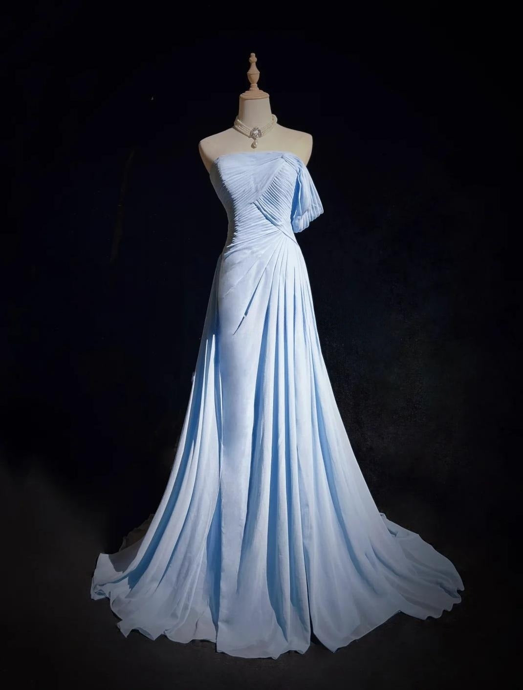 Gorgeous Blue A-line Chiffon Pleated One Shoulder Slit Long Evening Gown Ball Gown Wedding Dress