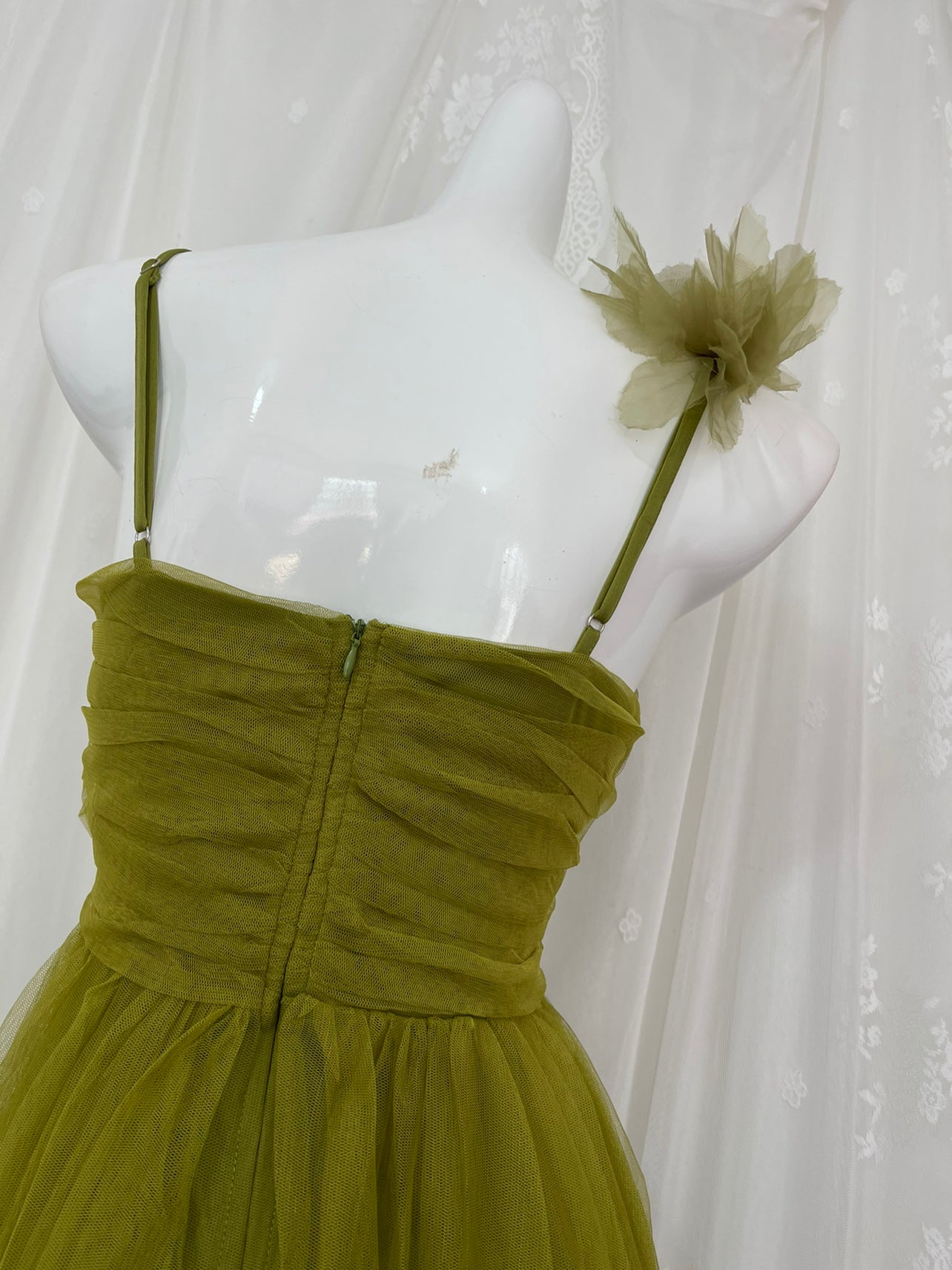 A-Line Olive Green Spaghetti Strap Tulle Long Prom Dress Sweet Birthday Evening Dress