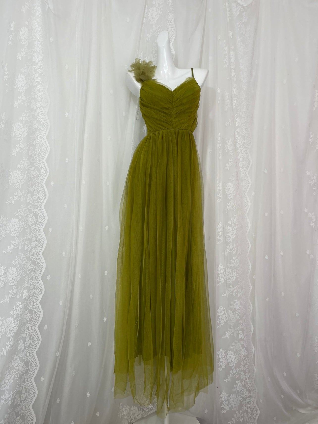 A-Line Olive Green Spaghetti Strap Tulle Long Prom Dress Sweet Birthday Evening Dress