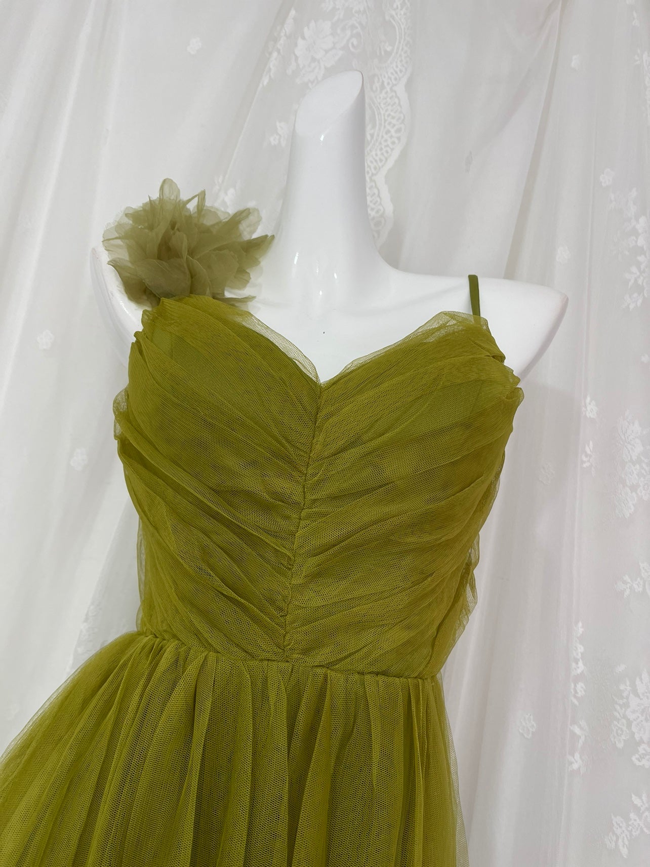 A-Line Olive Green Spaghetti Strap Tulle Long Prom Dress Sweet Birthday Evening Dress