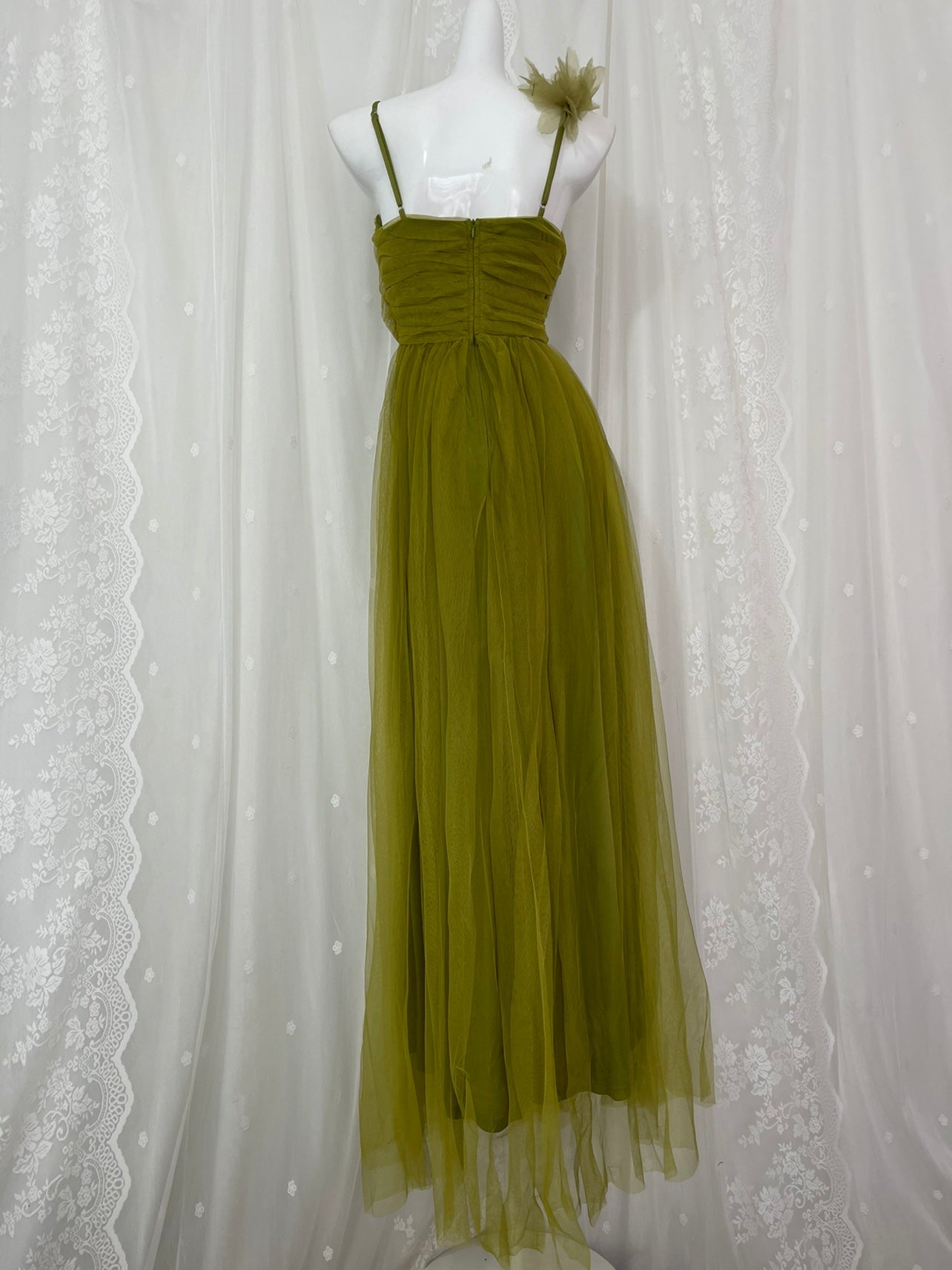 A-Line Olive Green Spaghetti Strap Tulle Long Prom Dress Sweet Birthday Evening Dress