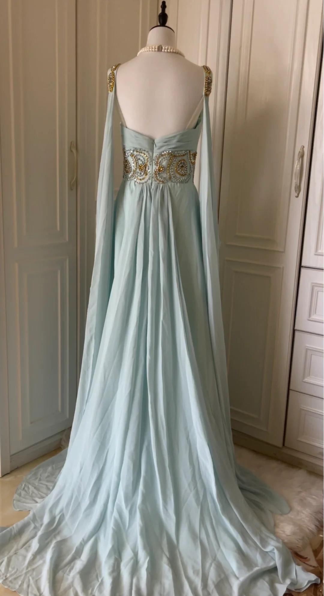 Vintage Tiffany Blue V-neck A-Line Beaded Chiffon Long Prom Dress Evening Dress Wedding Dress