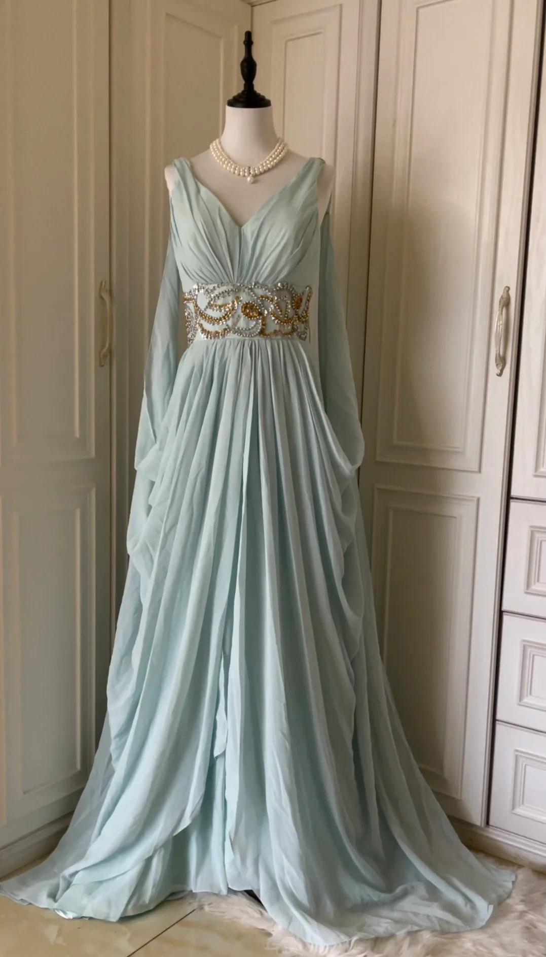 Vintage Tiffany Blue V-neck A-Line Beaded Chiffon Long Prom Dress Evening Dress Wedding Dress
