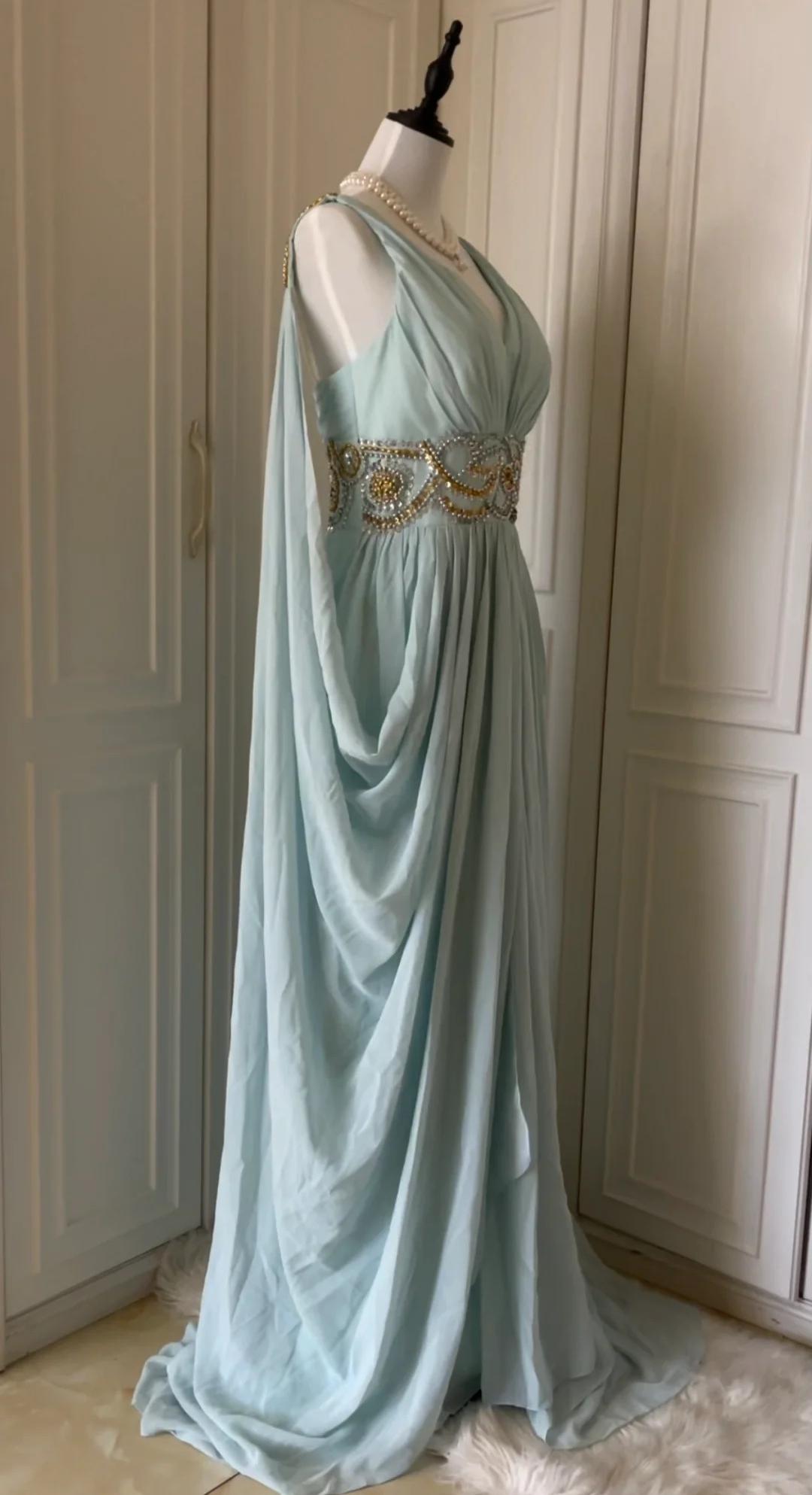 Vintage Tiffany Blue V-neck A-Line Beaded Chiffon Long Prom Dress Evening Dress Wedding Dress