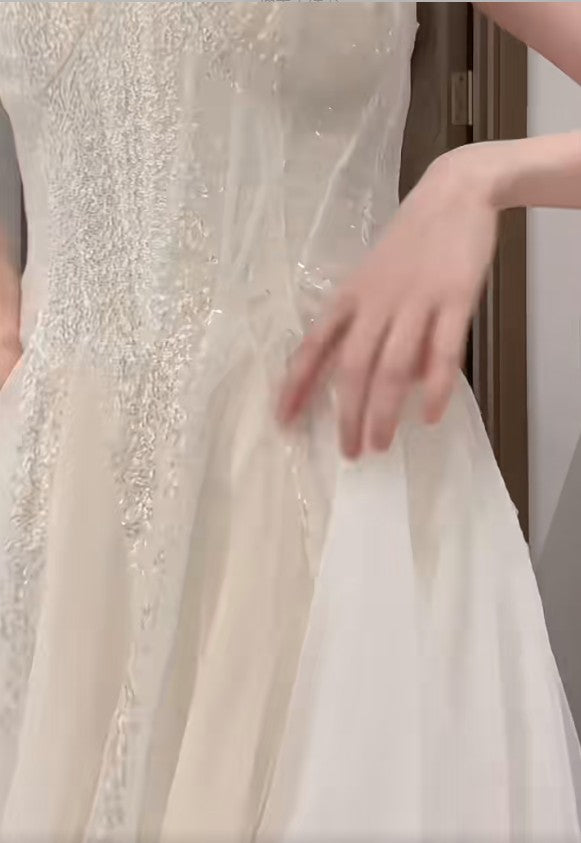 Spaghetti Strap A-Line Tulle Sequin Long Prom Dress Simple Birthday Graduation Dress