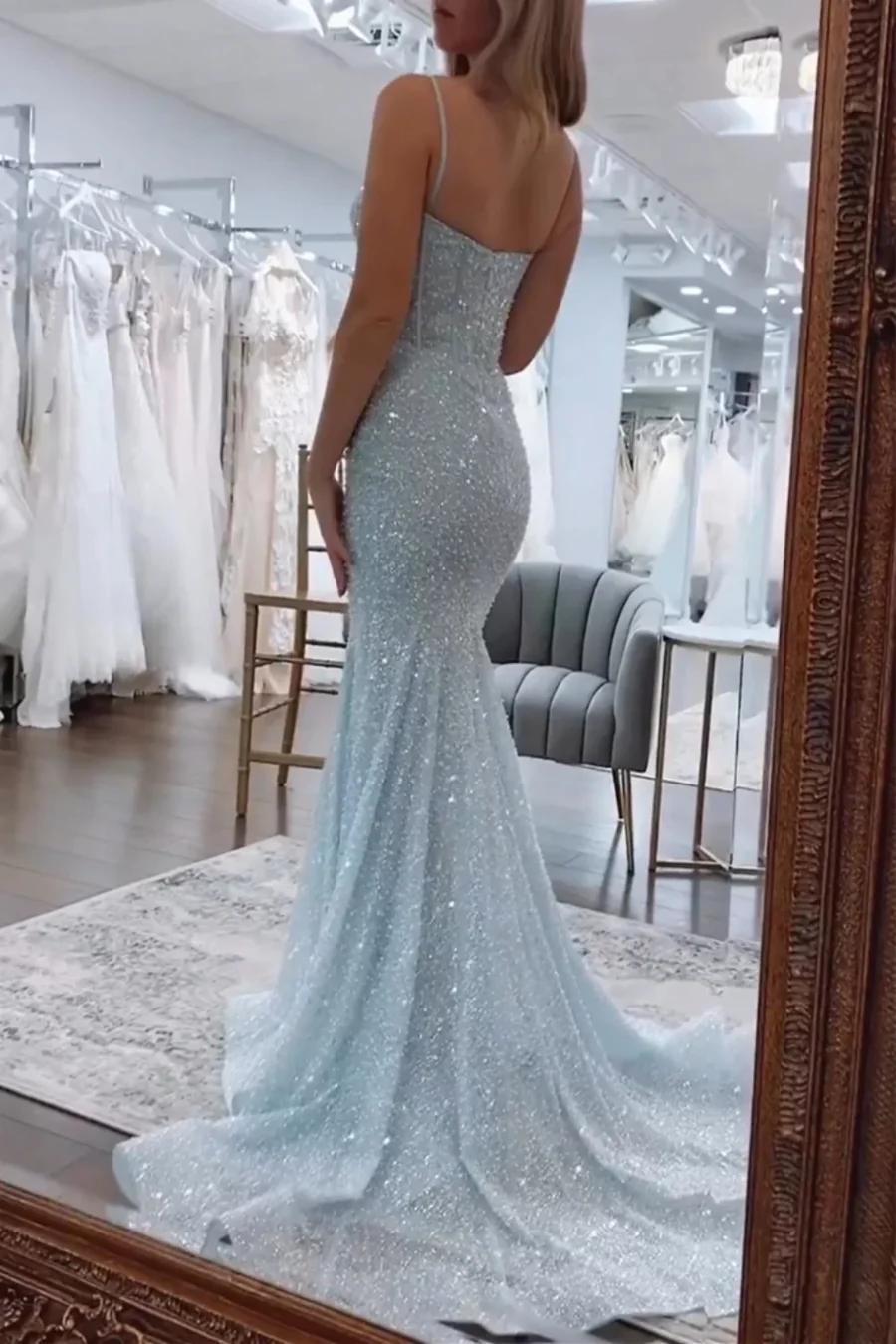 Sweetheart Spaghetti Straps Long Mermaid Sequins Party Prom Dress