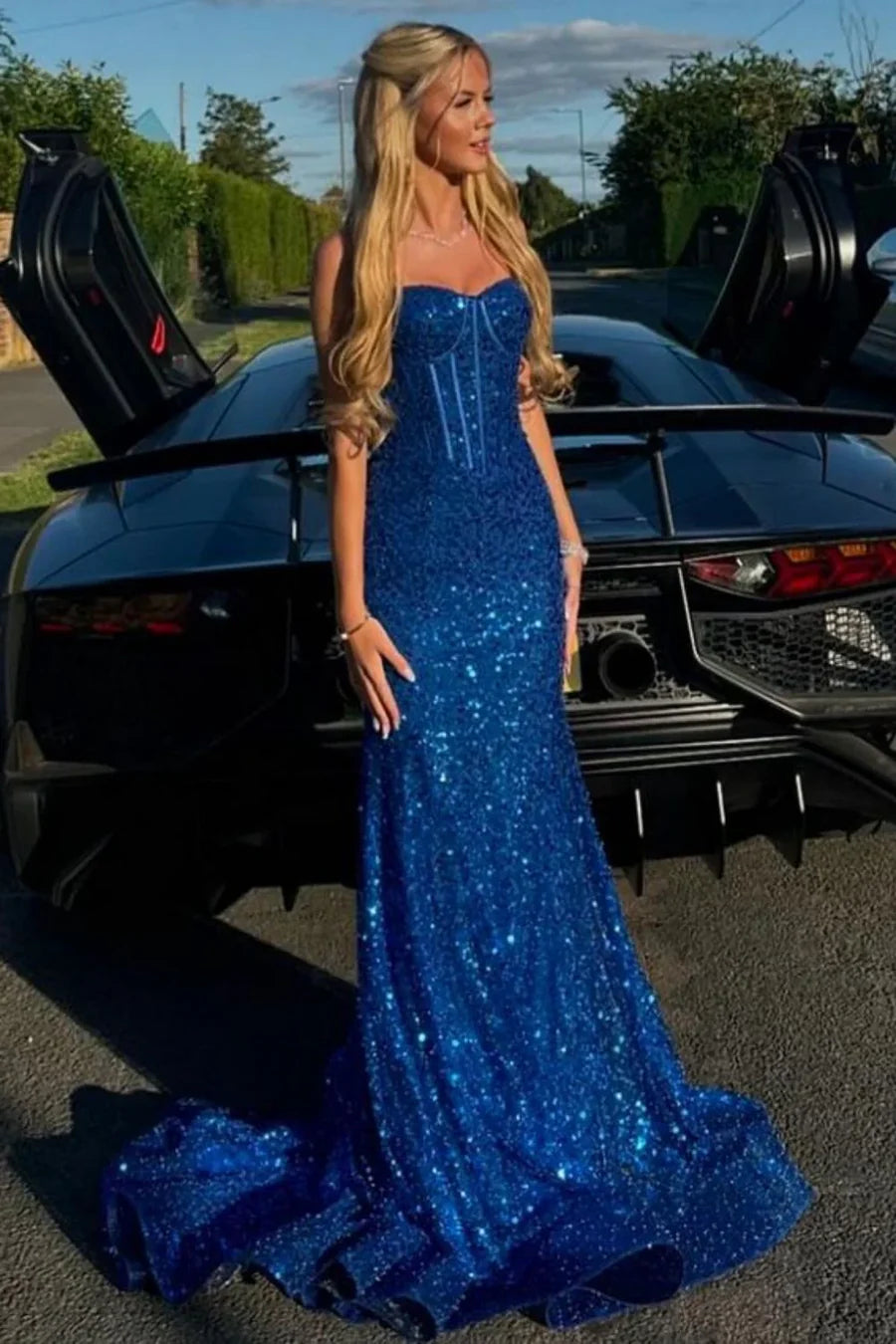 Sweetheart Spaghetti Straps Long Mermaid Sequins Party Prom Dress