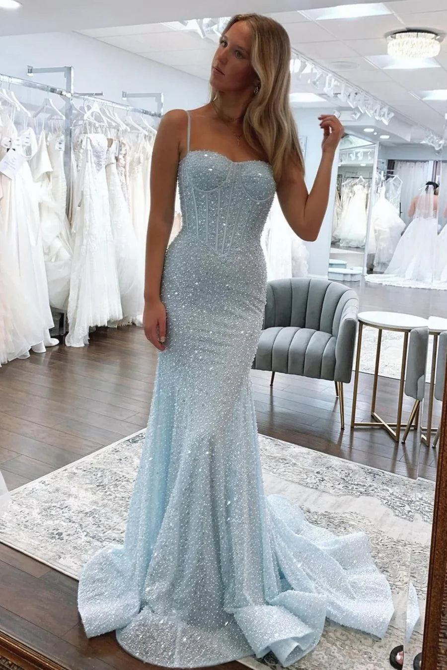 Sweetheart Spaghetti Straps Long Mermaid Sequins Party Prom Dress