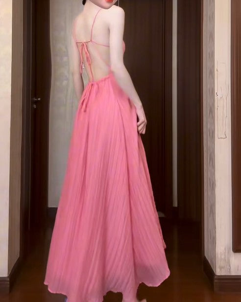 Cute Pink A-Line Chiffon Spaghetti Strap Backless Long Prom Dress Party Dress
