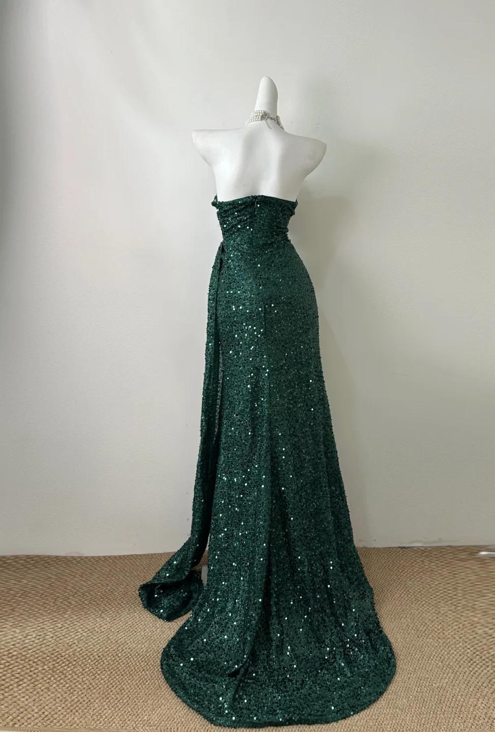 Elegant Dark Green Sweetheart Neck Mermaid Long Prom Dress Sequin Strapless Formal Evening Dress