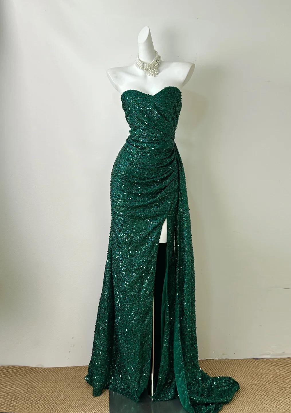 Elegant Dark Green Sweetheart Neck Mermaid Long Prom Dress Sequin Strapless Formal Evening Dress