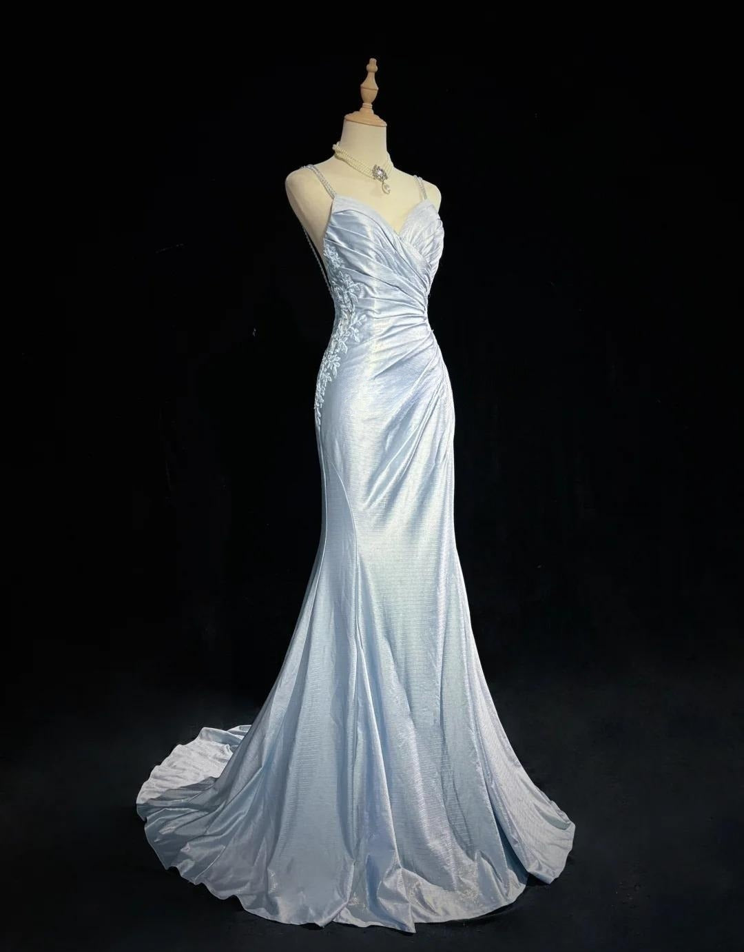 Beautiful Spaghetti Strap Mermaid Glitter Satin Long Prom Backless Applique Evening Gown Simple Wedding Dress