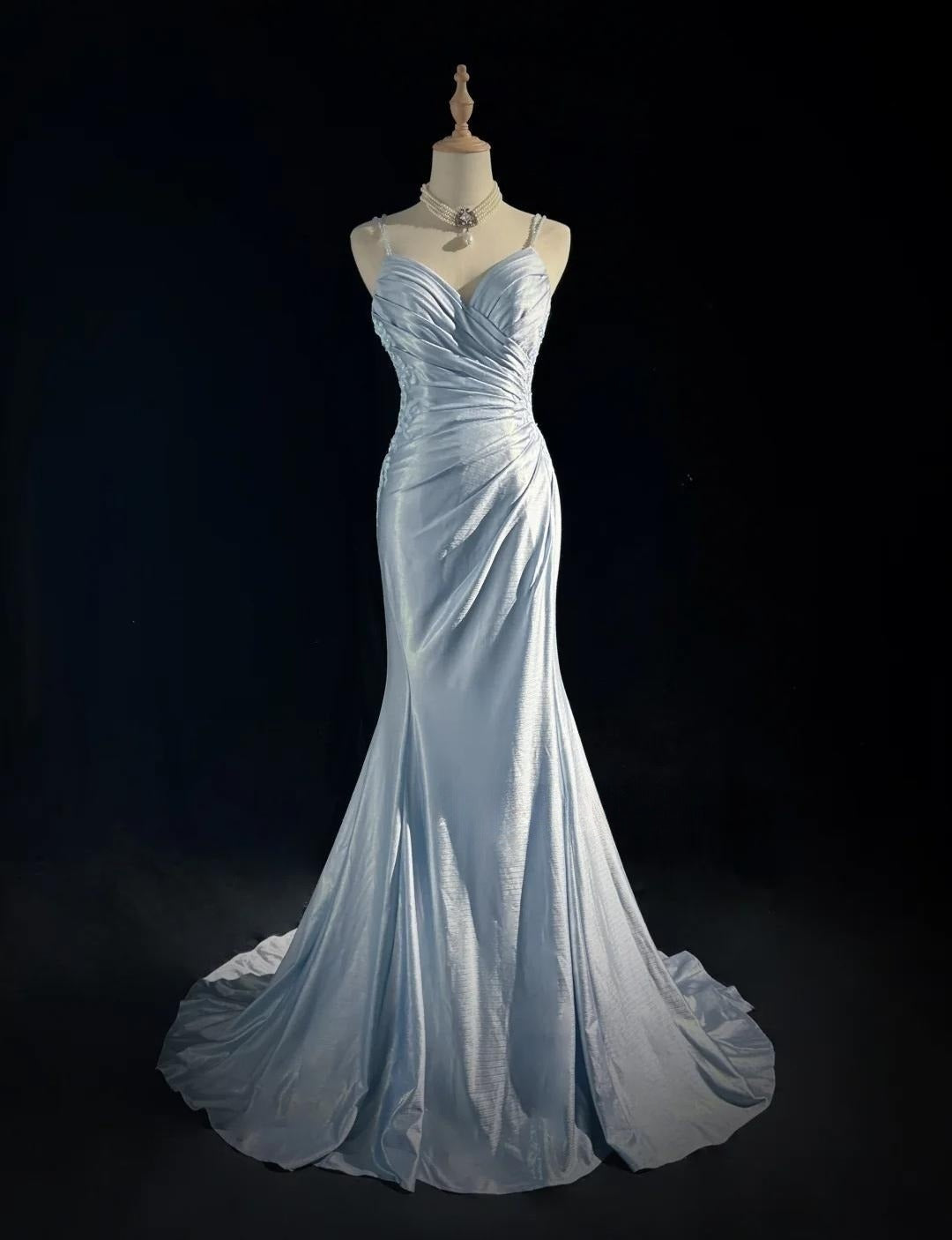 Beautiful Spaghetti Strap Mermaid Glitter Satin Long Prom Backless Applique Evening Gown Simple Wedding Dress