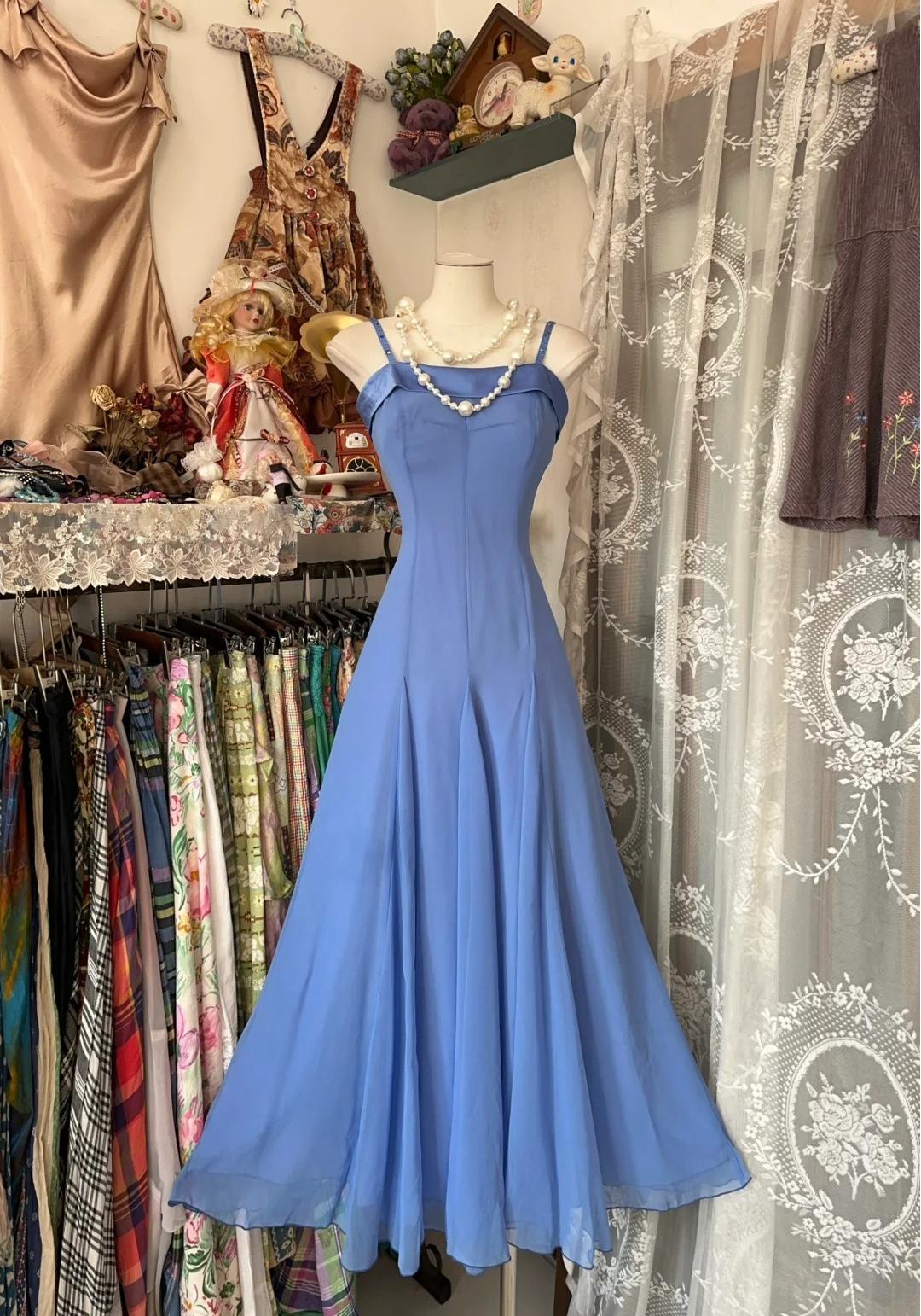 Vintage Soft Blue Spaghetti Strap A-line Chiffon Birthday Prom Dress Pretty Graduation Dress