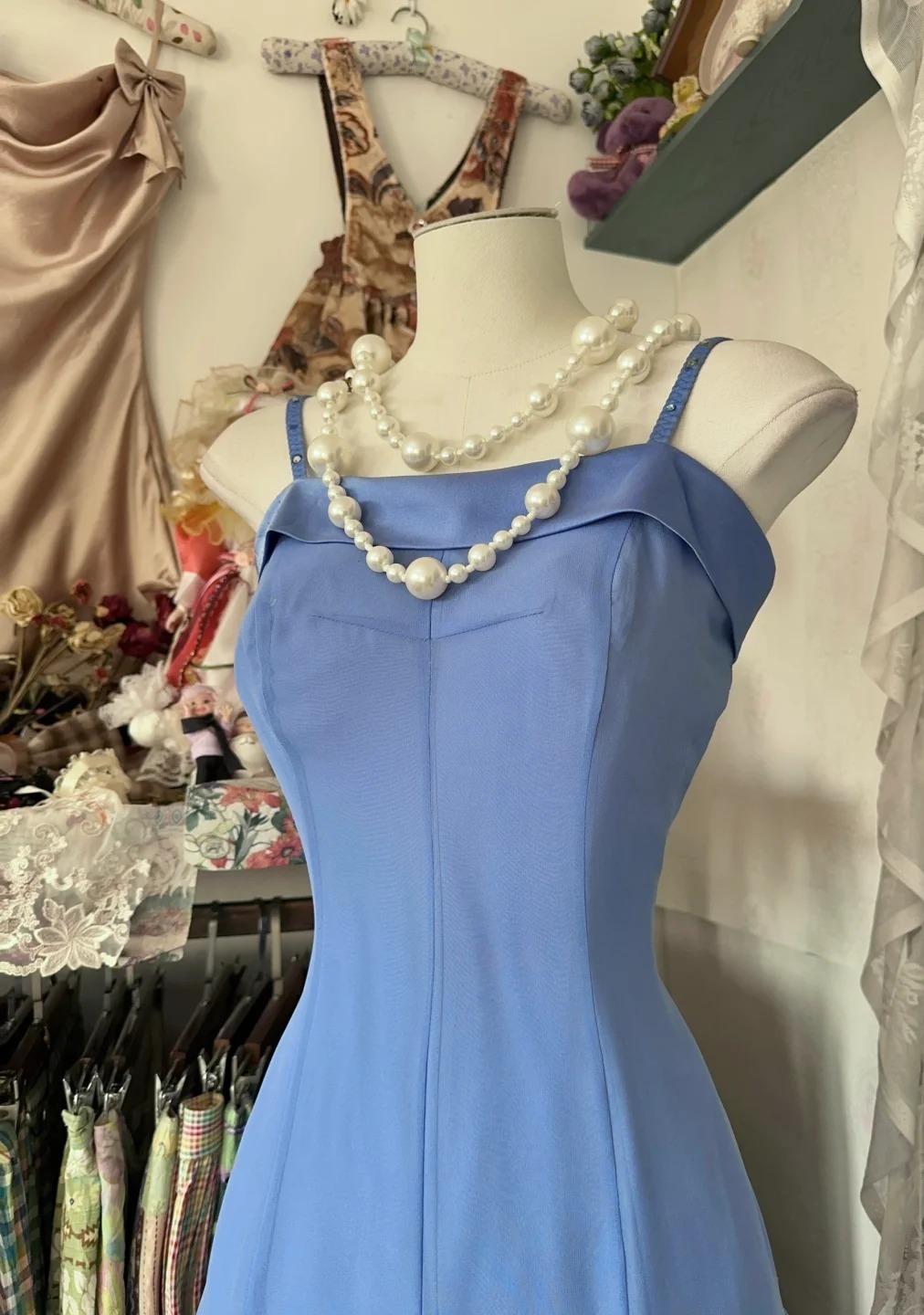Vintage Soft Blue Spaghetti Strap A-line Chiffon Birthday Prom Dress Pretty Graduation Dress