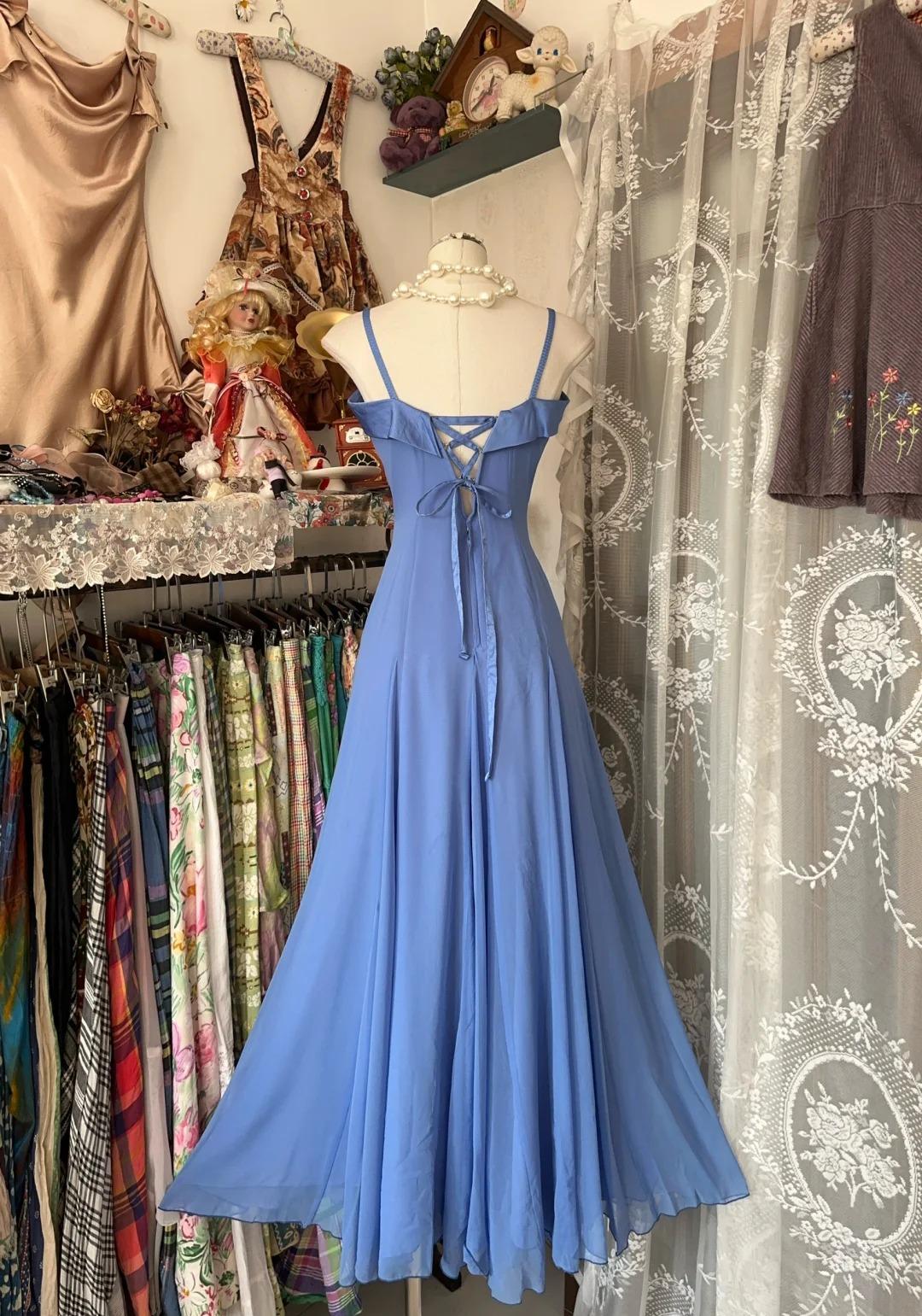 Vintage Soft Blue Spaghetti Strap A-line Chiffon Birthday Prom Dress Pretty Graduation Dress