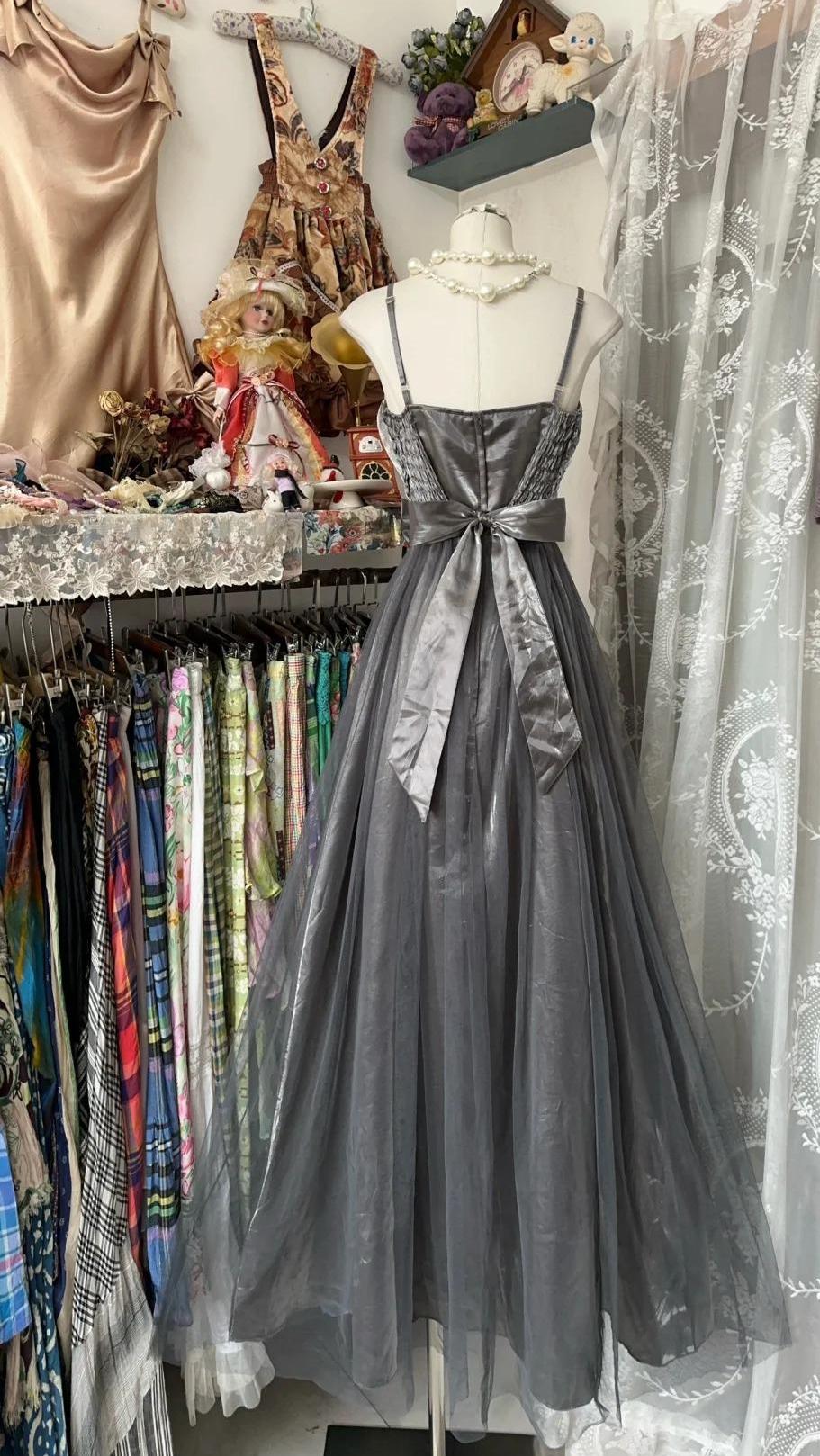 Cute Silver Grey A-Line Spaghetti Straps Tulle Satin Long Prom Dress Gorgeous Birthday Dress Evening Dress