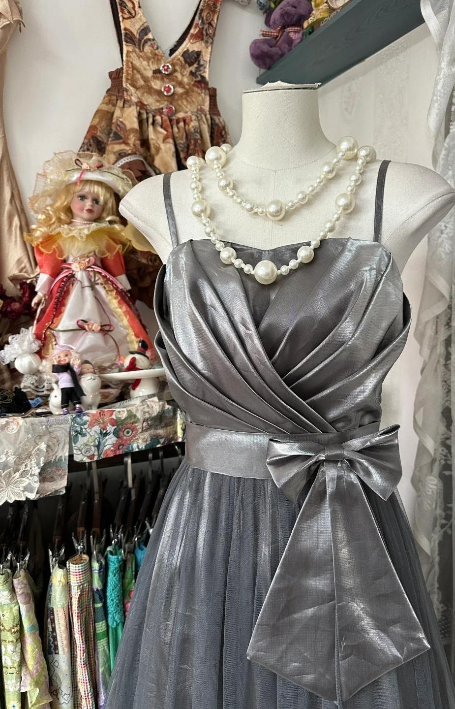 Cute Silver Grey A-Line Spaghetti Straps Tulle Satin Long Prom Dress Gorgeous Birthday Dress Evening Dress