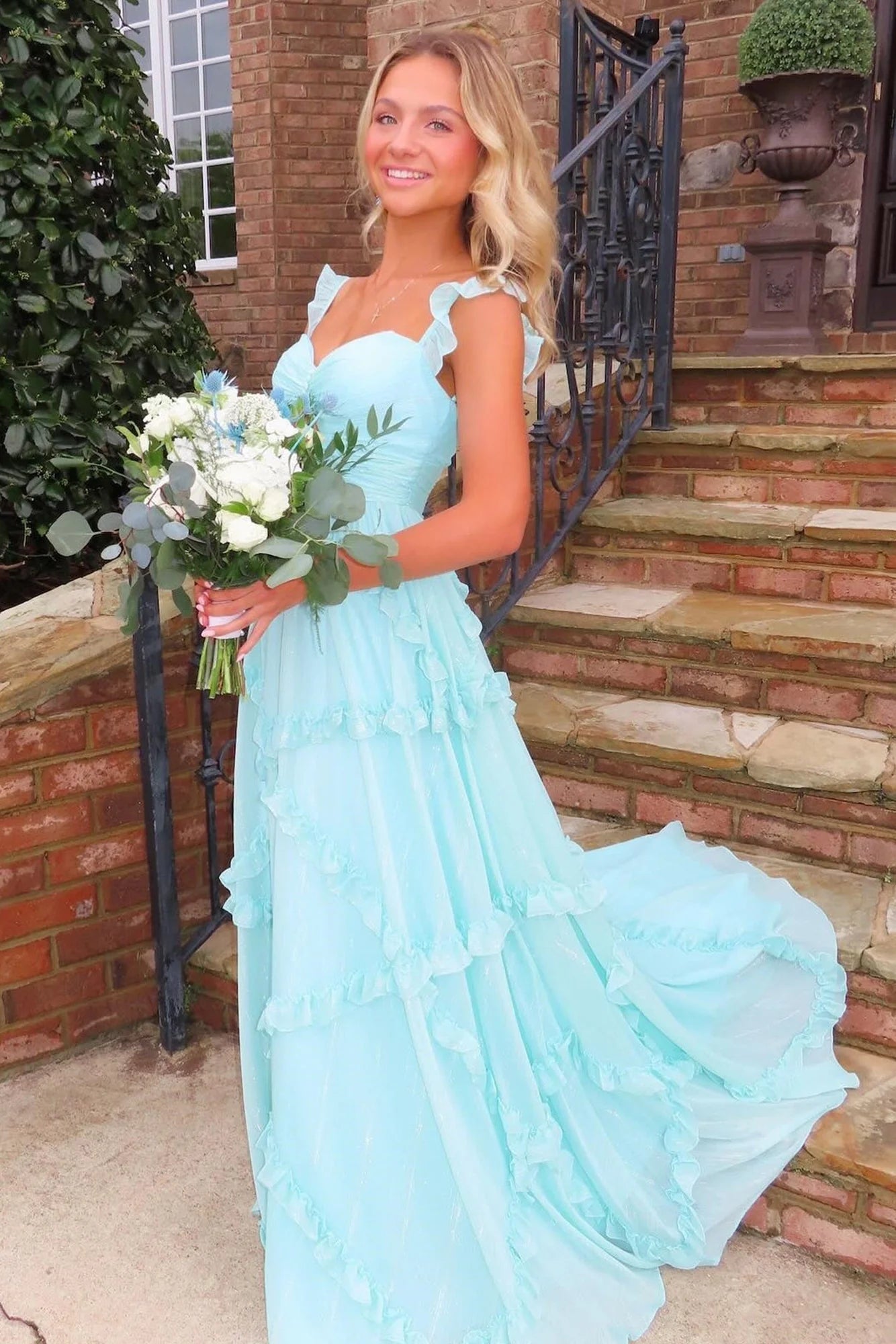 Enchanted Blue Sweetheart A-Line Prom Dress & Wedding Dress Elegant Chiffon Ruffled Birthday Party Dress