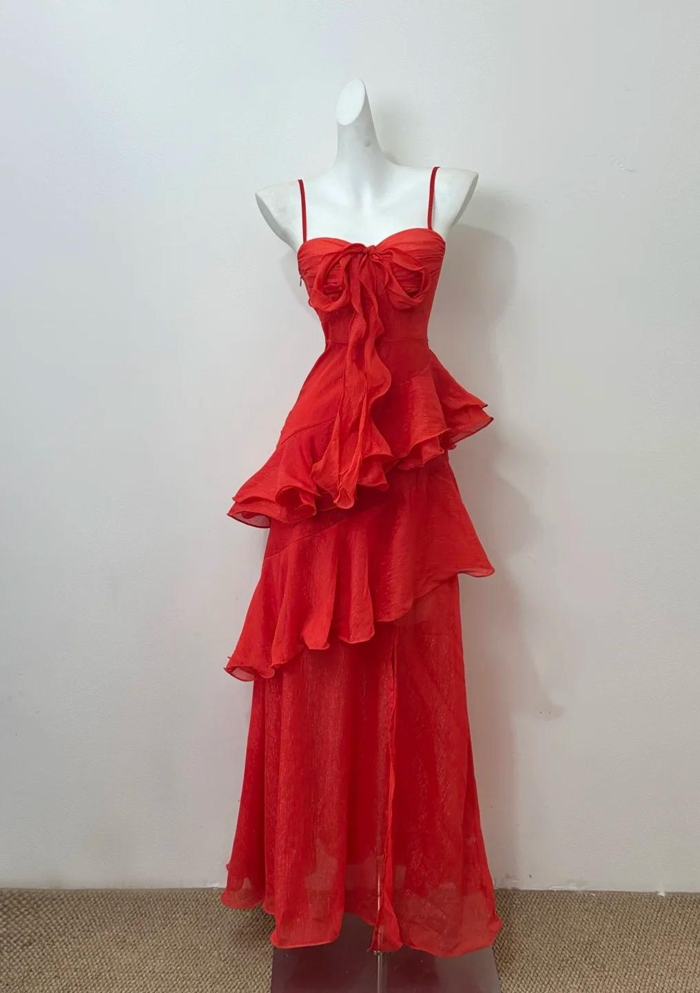 Glam Red A-line Spaghetti Straps Layed Chiffon Prom Dress for Birthday Sweet Evening Gown