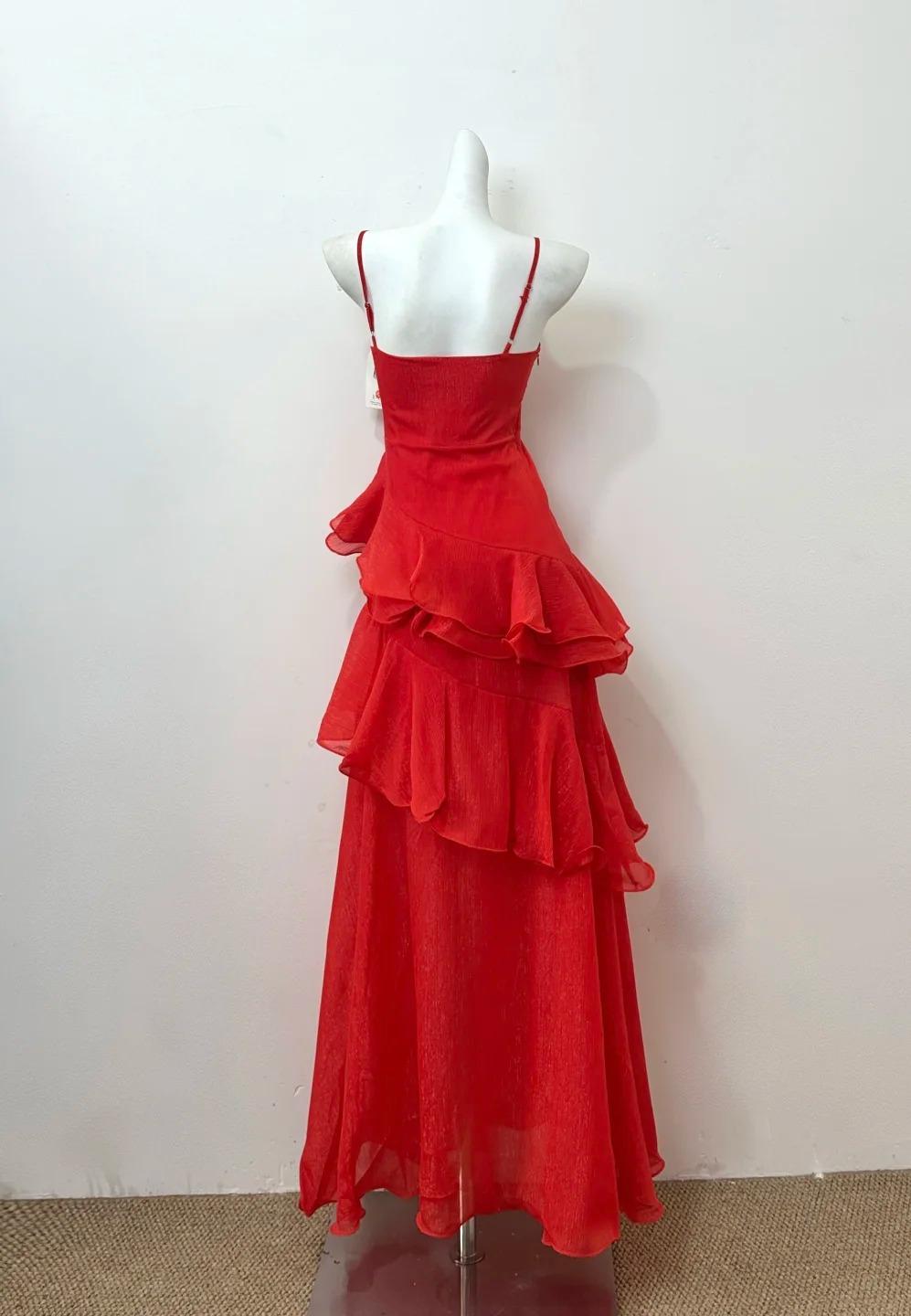 Glam Red A-line Spaghetti Straps Layed Chiffon Prom Dress for Birthday Sweet Evening Gown