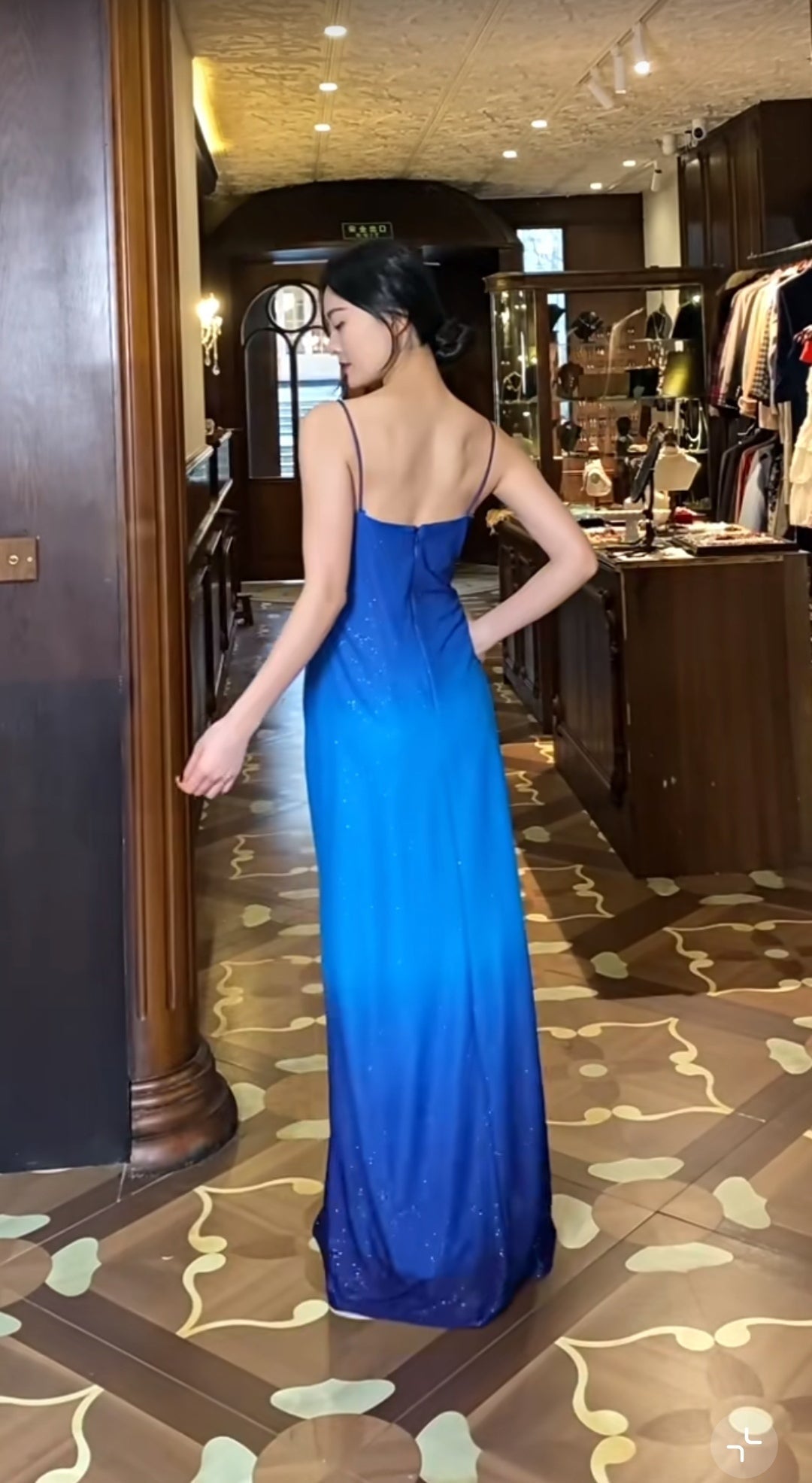 Glitter Chiffon Gradient Blue Prom Dress for Party Elegan Spaghetti Strap Evening Gown