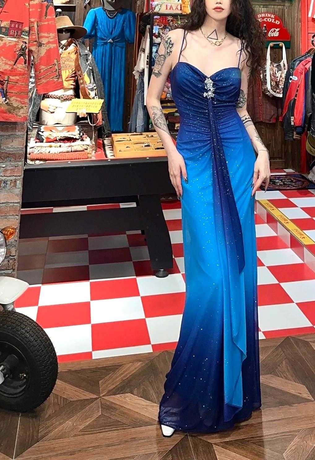 Glitter Chiffon Gradient Blue Prom Dress for Party Elegan Spaghetti Strap Evening Gown