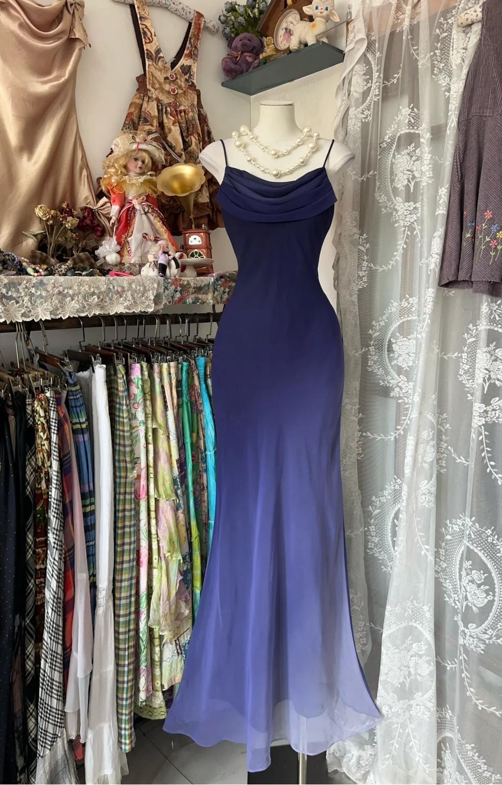 Elegant Gradient Midnight Purple Mermaid Spaghetti Strap Chiffon Long Prom Dresses Backless Evening Dress