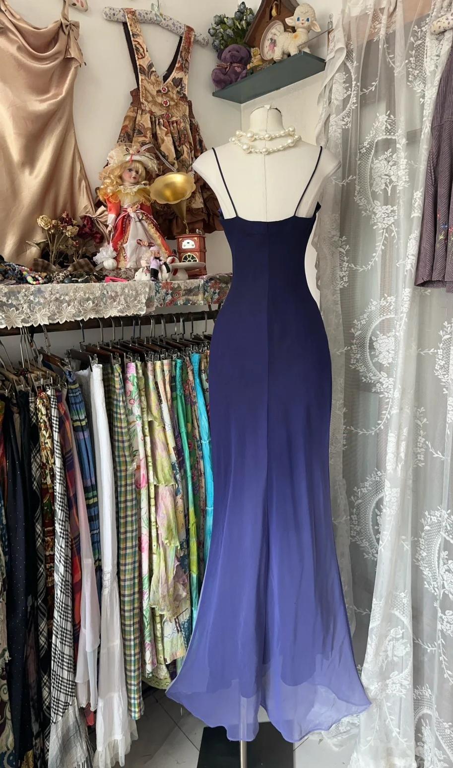Elegant Gradient Midnight Purple Mermaid Spaghetti Strap Chiffon Long Prom Dresses Backless Evening Dress