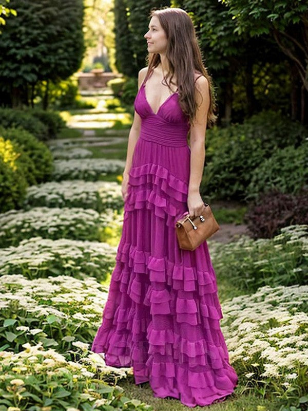 Elegant Purple Spaghetti Straps A-Line Chiffon Long Prom Dress Backless Formal Evening Dress
