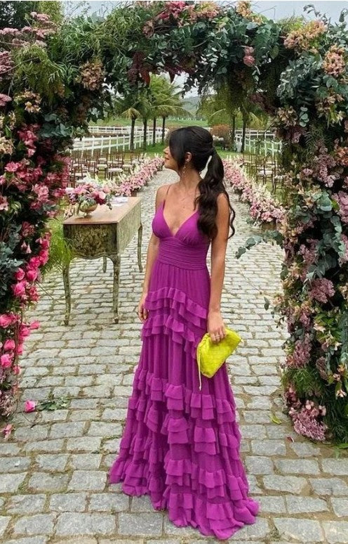 Elegant Purple Spaghetti Straps A-Line Chiffon Long Prom Dress Backless Formal Evening Dress