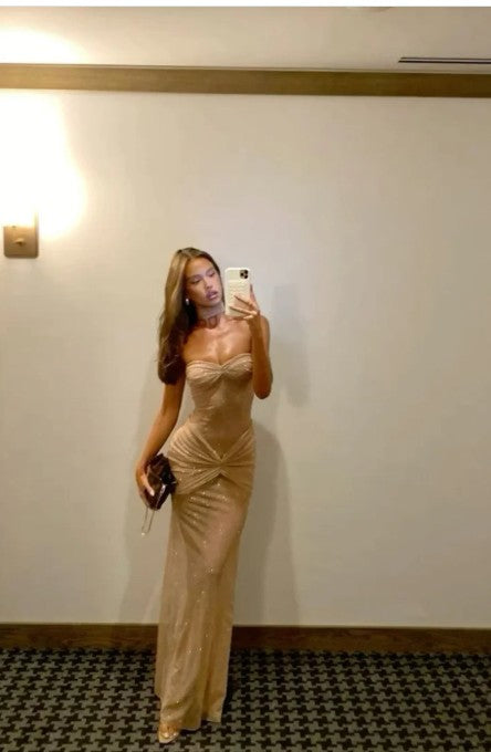 Elegant Champagne Strapless Sheath Sparkling Tulle Long Prom Dress Sexy Party Dress