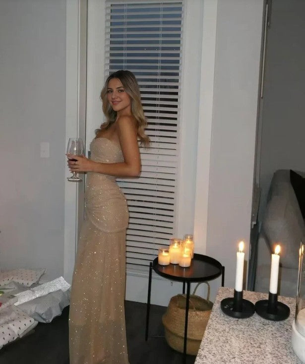 Elegant Champagne Strapless Sheath Sparkling Tulle Long Prom Dress Sexy Party Dress