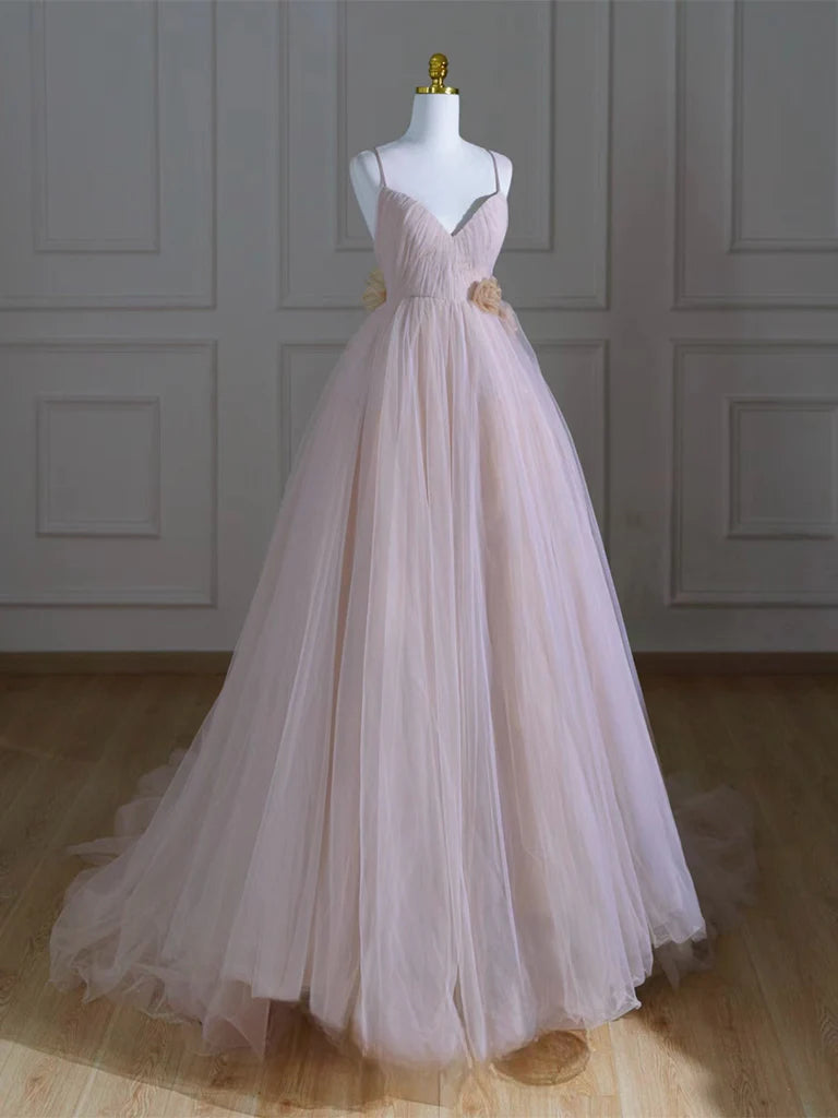 A-Line V Neck Tulle Pink Long Prom Dress Pink Tulle Long Formal Dress