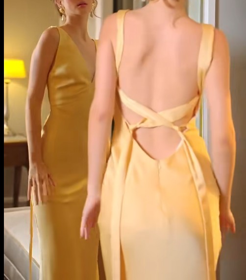 Simple Yellow Satin Sheath V Neck Backless Party Dress Sexy Elegant Evening Dress
