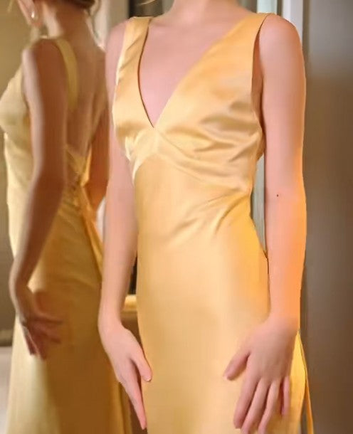 Simple Yellow Satin Sheath V Neck Backless Party Dress Sexy Elegant Evening Dress
