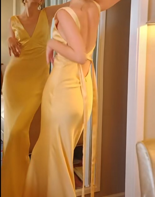 Simple Yellow Satin Sheath V Neck Backless Party Dress Sexy Elegant Evening Dress