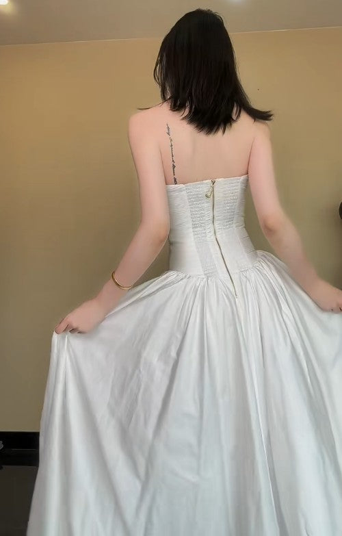 Fashion White Strapless Satin Pleated A-Line Bridesmaid Dresses Elegant Backless Evening Dresses with Slit