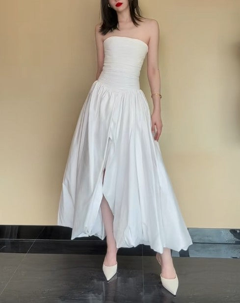 Fashion White Strapless Satin Pleated A-Line Bridesmaid Dresses Elegant Backless Evening Dresses with Slit