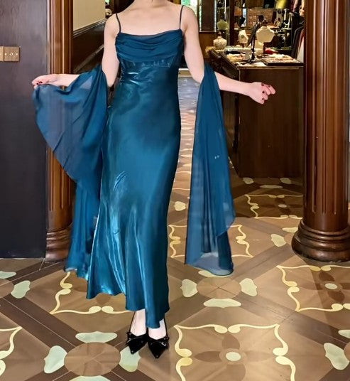 Elegant Gothic Spaghetti Straps Party Dresses Vintage Teal Glitter Satin Evening Dresses
