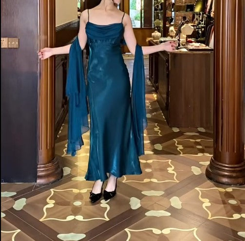 Elegant Gothic Spaghetti Straps Party Dresses Vintage Teal Glitter Satin Evening Dresses