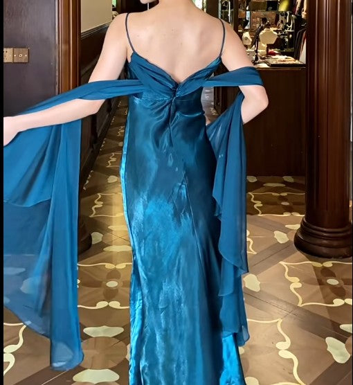 Elegant Gothic Spaghetti Straps Party Dresses Vintage Teal Glitter Satin Evening Dresses