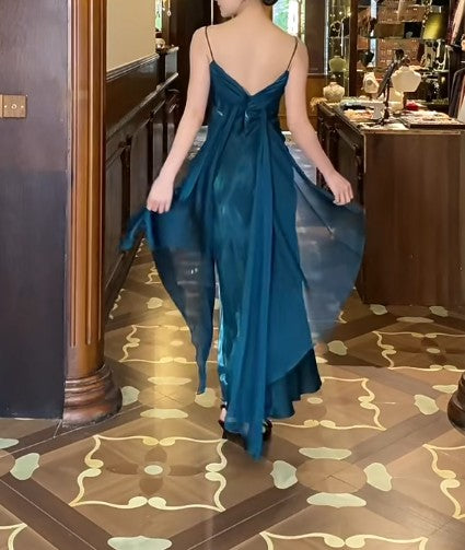 Elegant Gothic Spaghetti Straps Party Dresses Vintage Teal Glitter Satin Evening Dresses