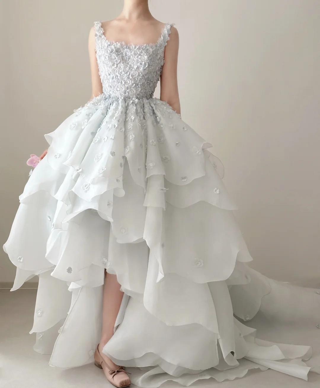 Fairytale Spaghetti Straps A-Line Open Back Chiffon Layered Train Wedding Dresses