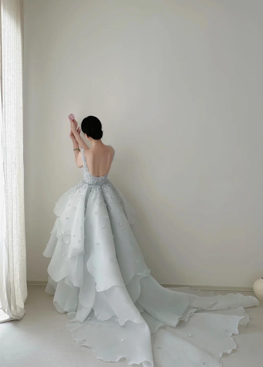 Fairytale Spaghetti Straps A-Line Open Back Chiffon Layered Train Wedding Dresses