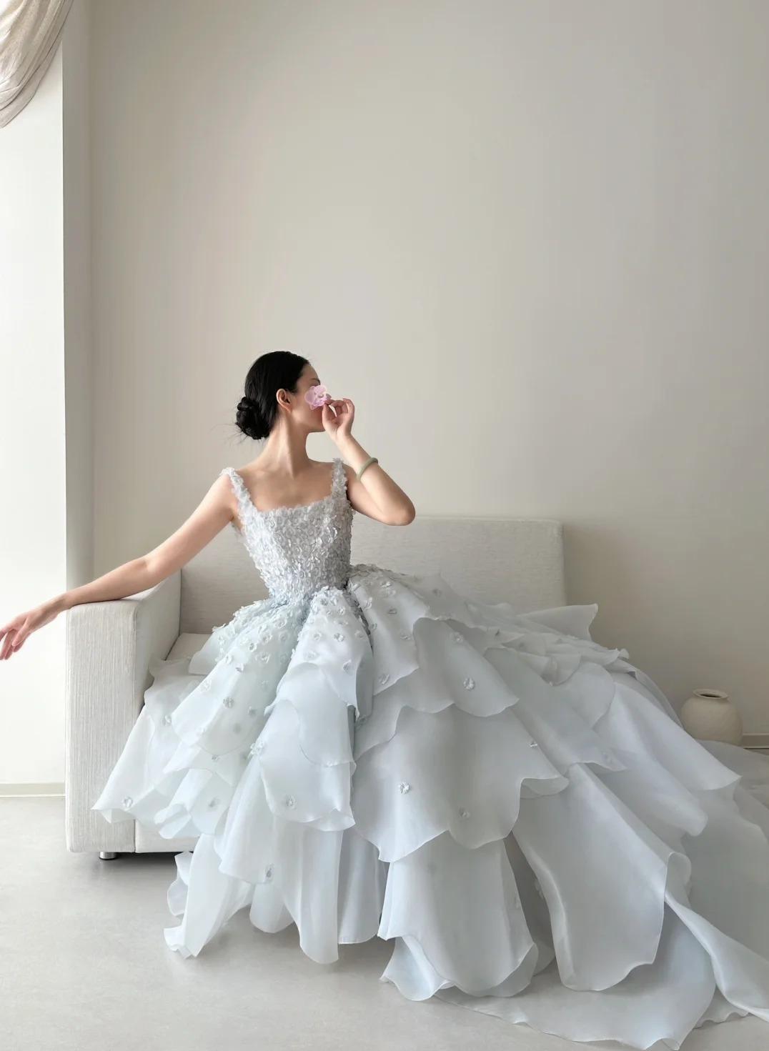Fairytale Spaghetti Straps A-Line Open Back Chiffon Layered Train Wedding Dresses