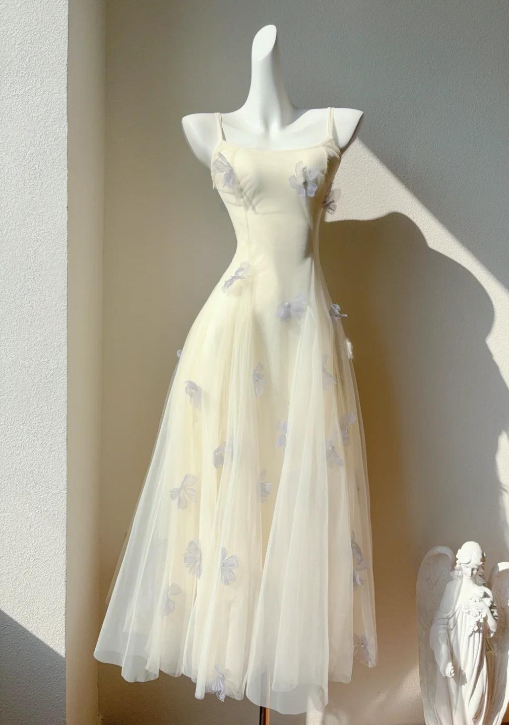 Fairytale Spaghetti Straps Cream A-Line White Square Neck Tulle Birthday Dresses Cute Party Dresses Homecoming Dress